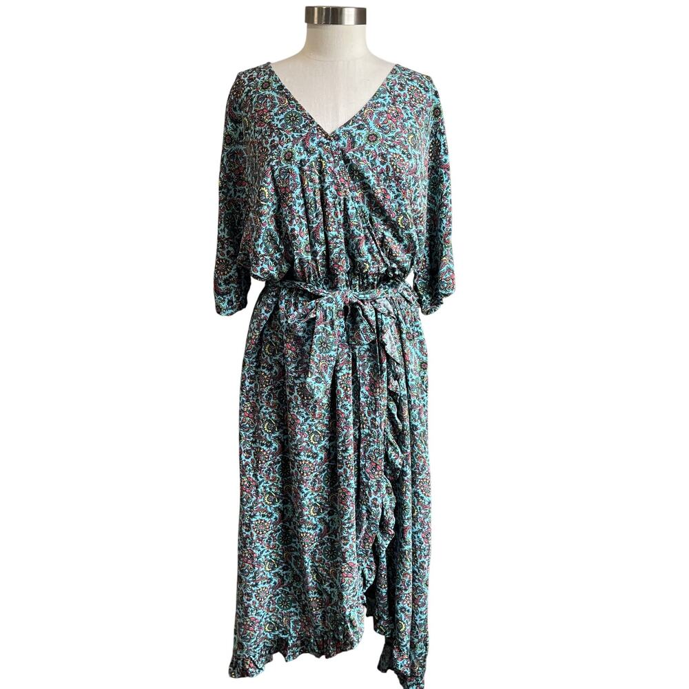 Bobeau Blue Floral Waist Tie Midi Dress Size 2X